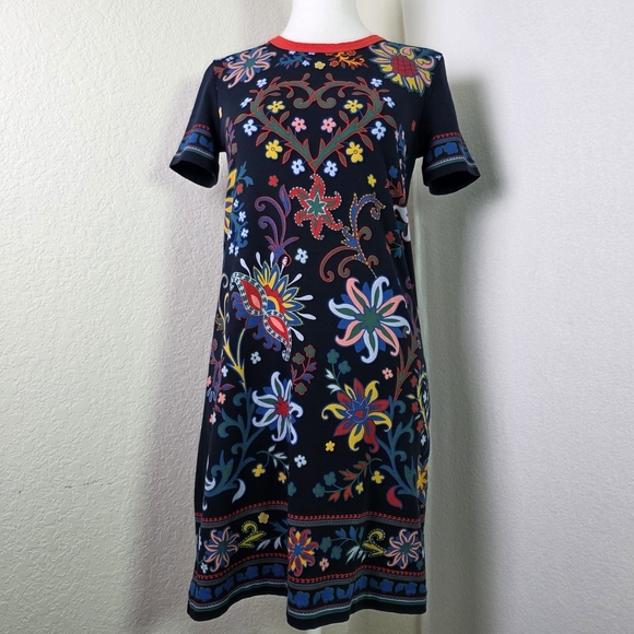 Tory Burch XXS Navy Floral Heart Print T-Shirt Dress 100% Pima Cotton - Picture 2 of 15